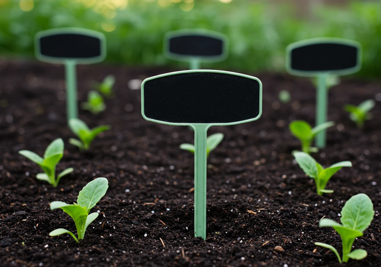A close-up photograph focusing on a few different plant identification tags staked neatly into dark, rich garden soil at the base of healthy-looking young plants. One tag might be partially legible (but without distracting specific text) indicating variety tracking.