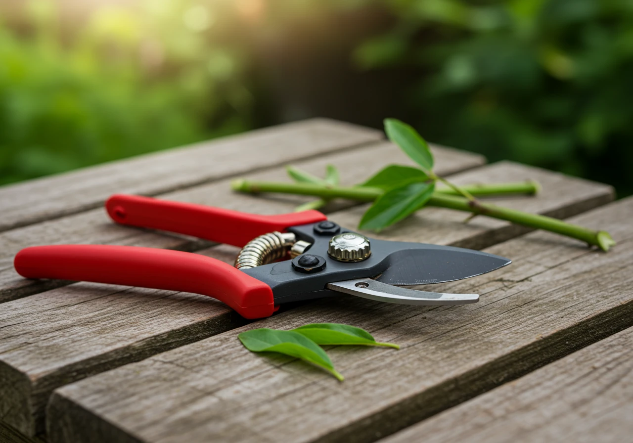 A close-up, detailed photograph showcasing a pair of modern ergonomic bypass secateurs. The focus is on the padded, contoured handles and the angled cutting head, designed for wrist comfort. The secateurs could be resting lightly on a weathered wooden garden table or bench next to a small pile of freshly cut green stems, suggesting recent use. The background is soft and blurred, emphasizing the tool.