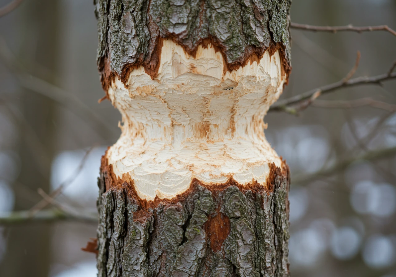 A close-up view of the base of a young deciduous tree trunk where the bark has been completely gnawed away in a ring (girdling) by rabbits. Show the exposed lighter-colored wood underneath the removed bark, clearly illustrating the damage. The surrounding ground might have remnants of snow or damp earth, indicating late winter/early spring.