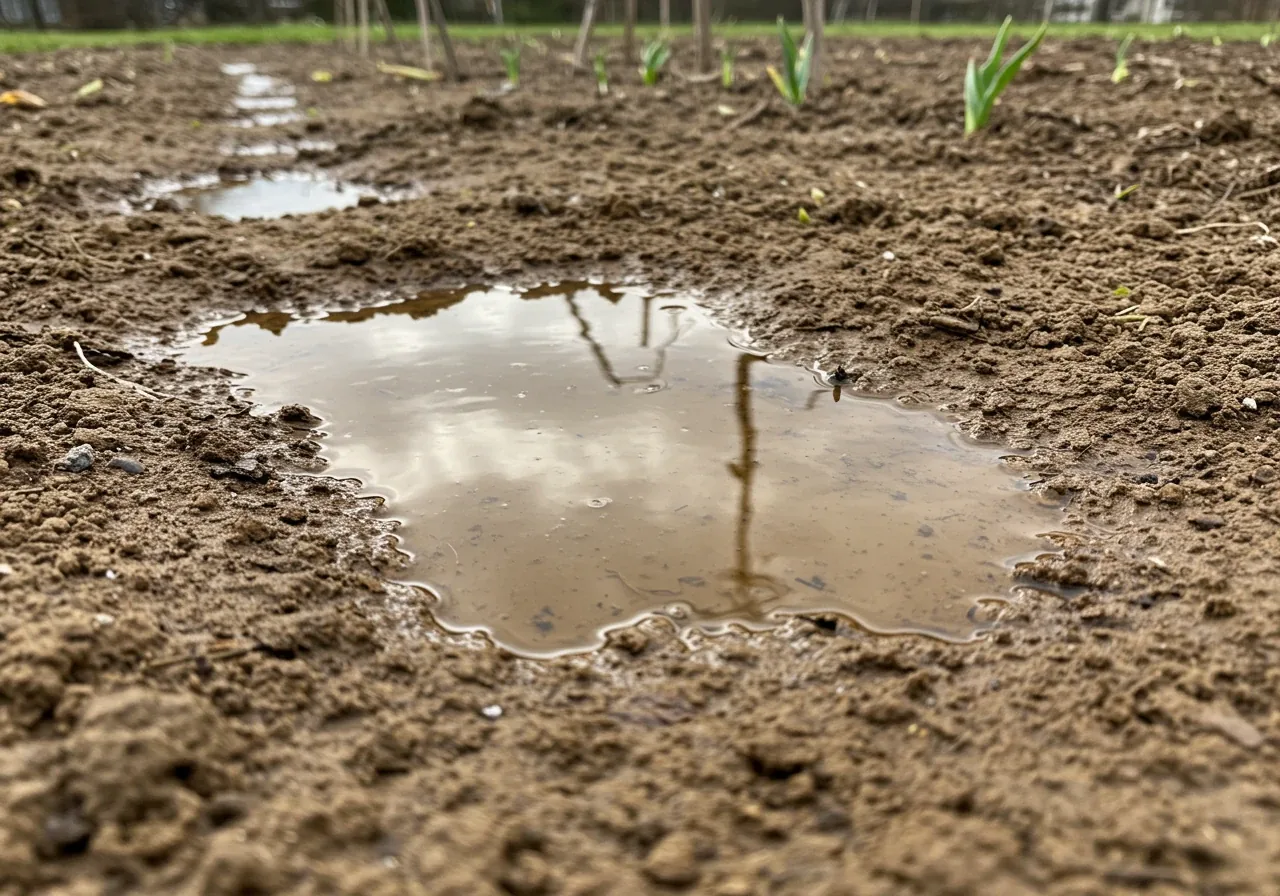 A close-up, slightly low-angle photograph focusing on a section of a residential lawn or garden bed immediately after spring rain or snowmelt. The image should clearly show shallow puddles of water sitting on the surface of dense, heavy, light-brown clay soil, illustrating poor drainage. Some dormant grass or early spring weeds might be visible around the edges of the puddles. The lighting should suggest a cool, overcast spring day. Emphasis on the waterlogged texture of the clay.