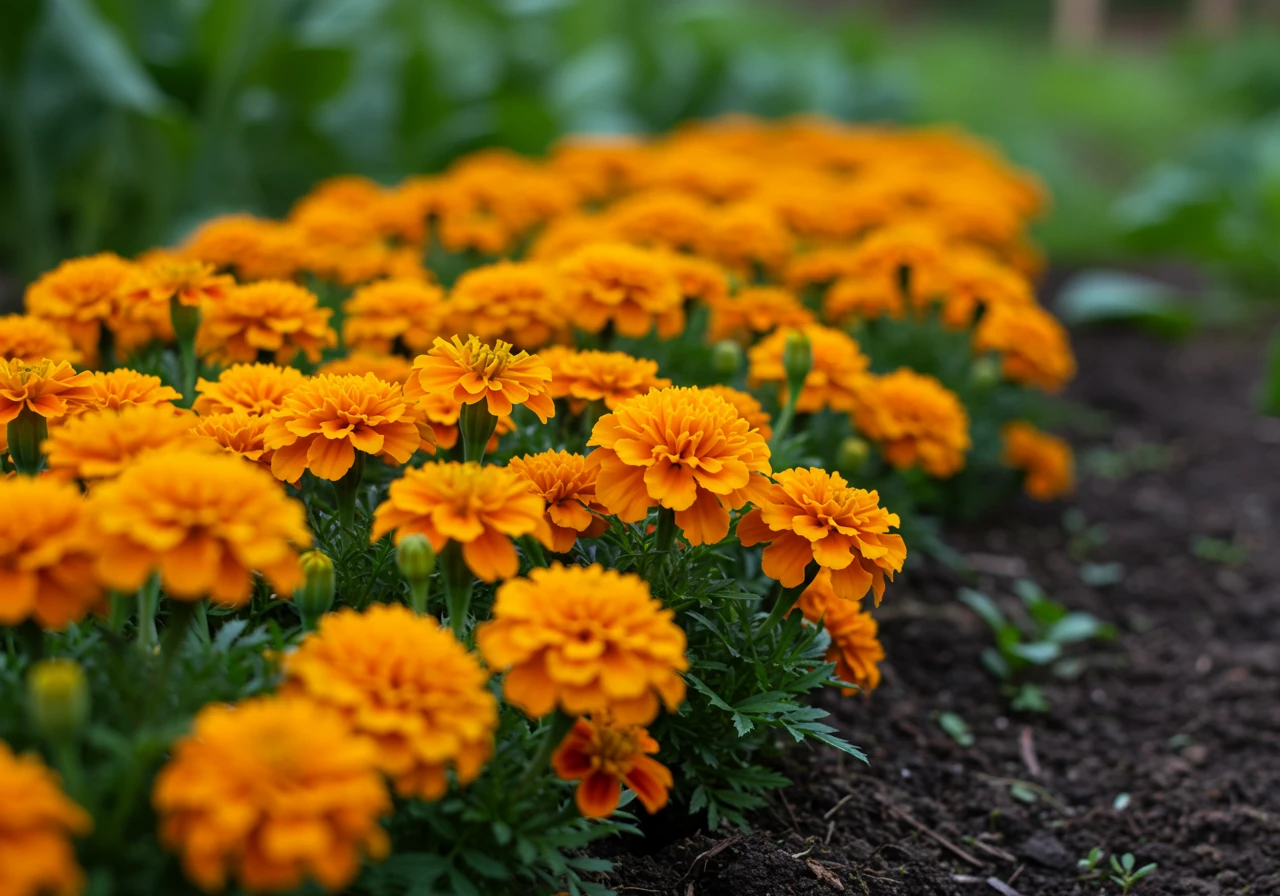 A close-up, vibrant image showcasing bright orange and yellow marigold flowers planted densely at the edge of a vegetable garden bed. The focus is on the marigold blooms, symbolizing their role as pest repellents, with blurred vegetable plants like leafy greens or tomato stems visible in the background under natural sunlight.