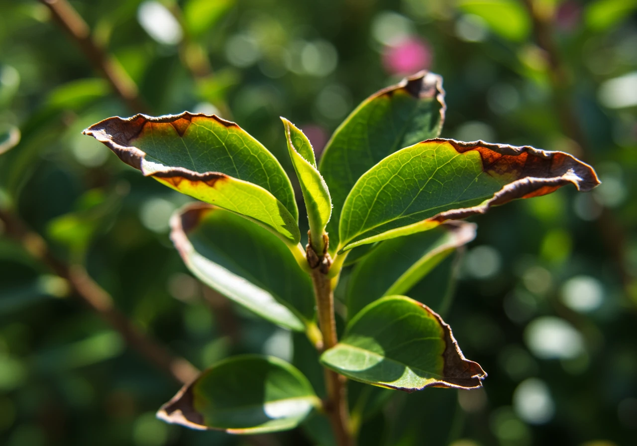 A close-up image showing the effects of summer stress on garden plants. Focus on a few leaves of a common garden shrub (like a hydrangea or hosta) that are visibly wilting and perhaps have slightly browned or scorched edges, contrasting with healthier green parts of the same plant, under bright summer sunlight.