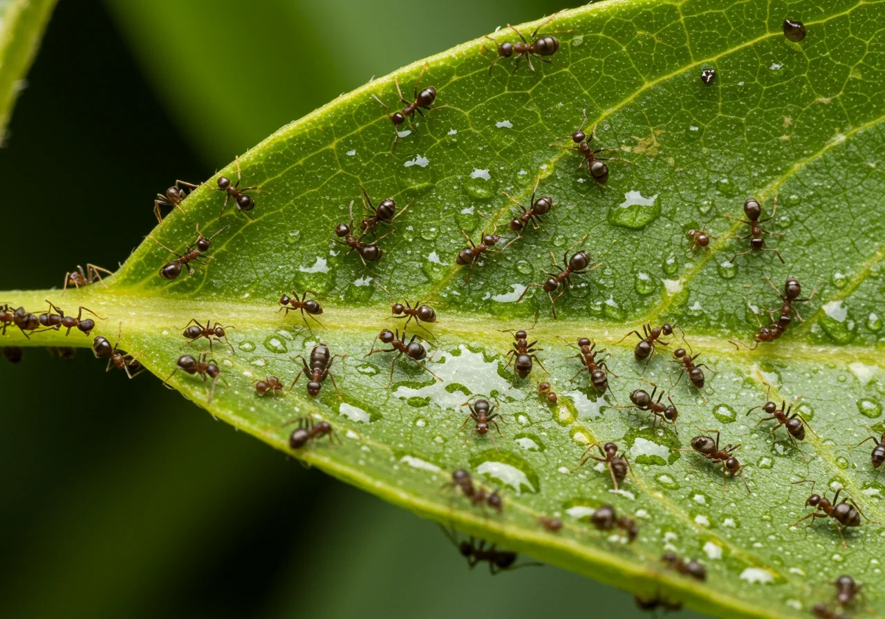 A close-up image focusing on a plant leaf (perhaps a bean or rose leaf) covered in shiny, sticky honeydew residue excreted by aphids. Several ants should be clearly visible crawling on the leaf, attracted to the honeydew, hinting at the ant-aphid relationship. Subtle signs of leaf stress like slight yellowing or curling could also be present.