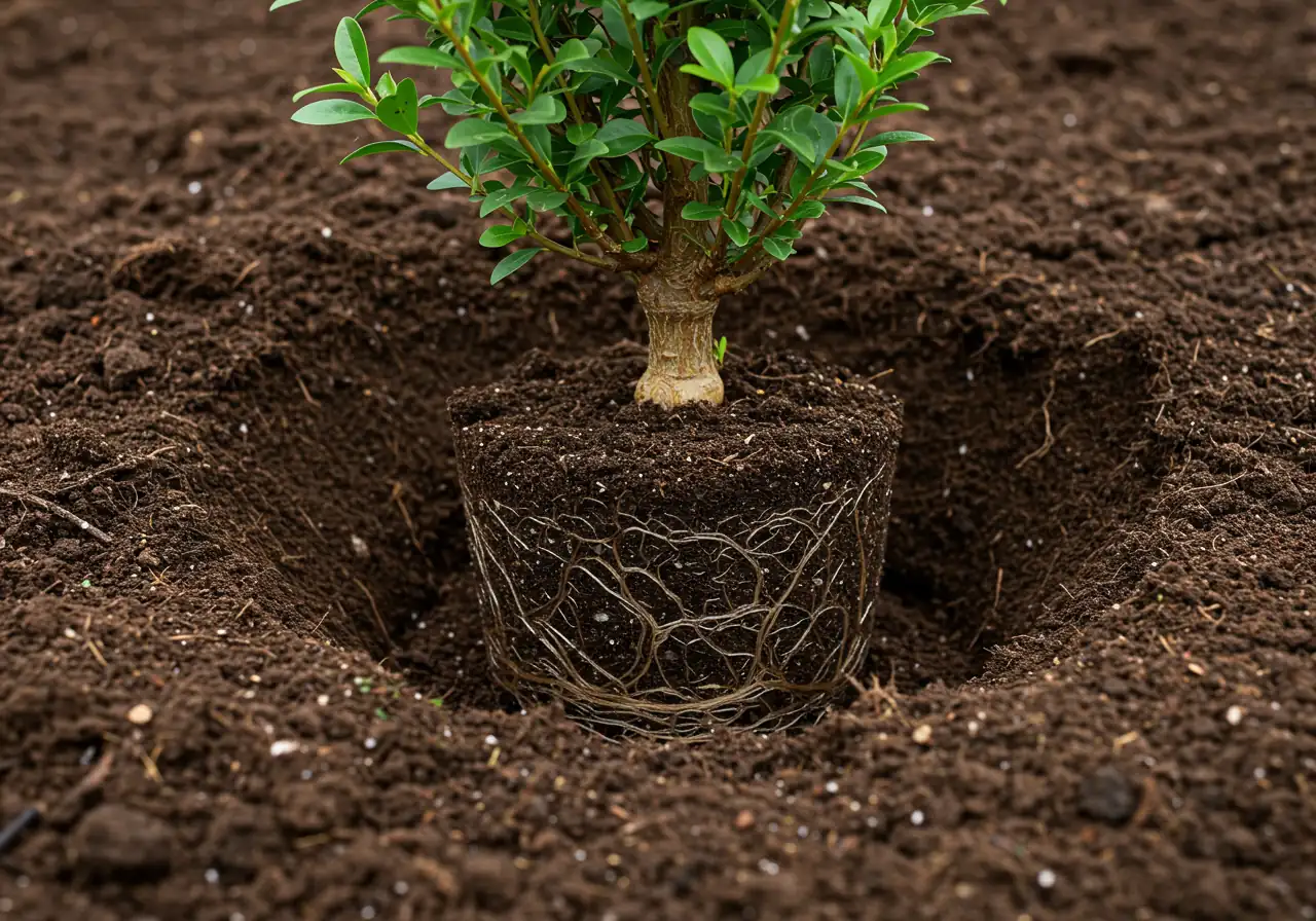 A focused photograph illustrating correct planting depth for a small shrub or perennial in amended soil. The image shows the base of the plant positioned in the planting hole, with the root flare (where trunk meets roots) clearly visible sitting slightly above the surrounding prepared soil level.