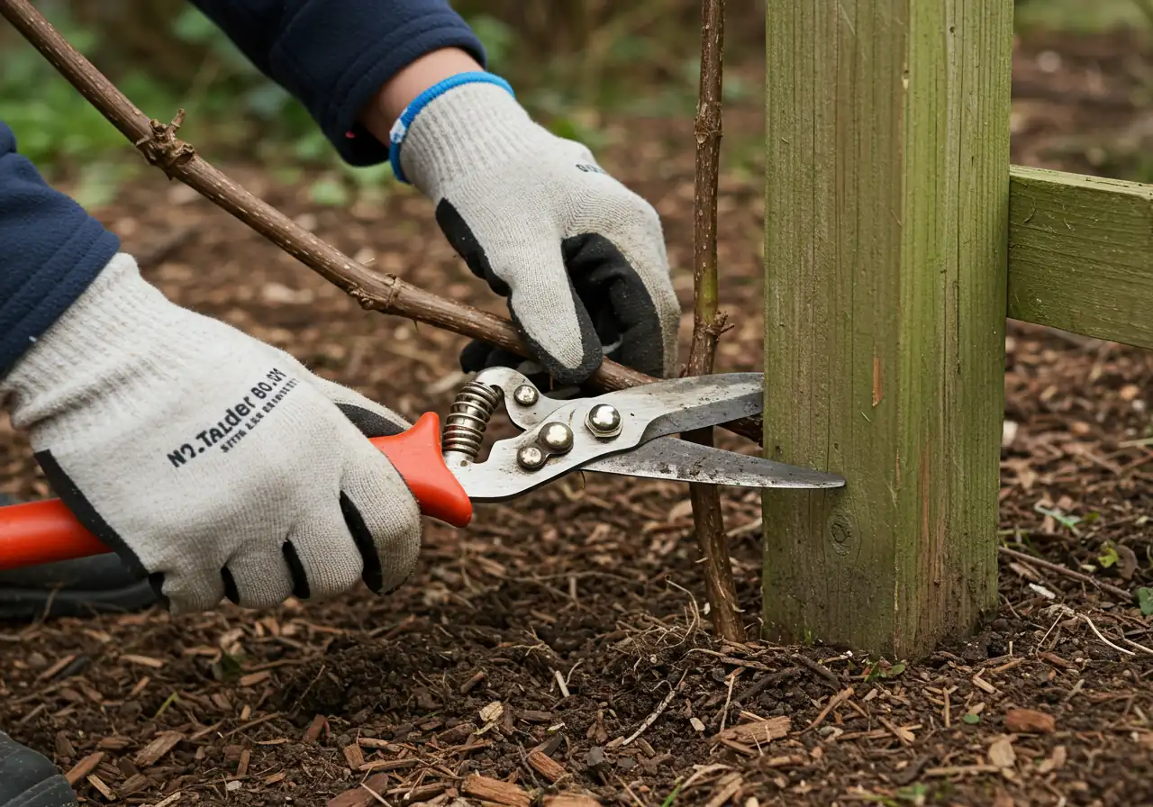 An action-oriented image depicting the crucial first step of vine removal. It should show a pair of hands wearing sturdy gardening gloves using sharp loppers or pruning shears to cut through a thick vine stem very close to the ground level, at the base of a tree or fence post. Focus on the tools and the act of cutting.