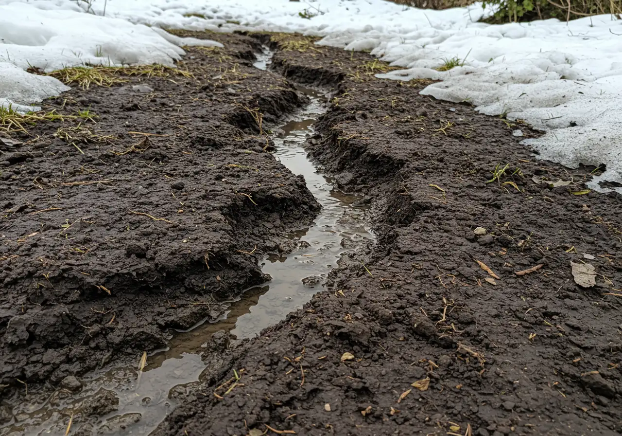A close-up photograph illustrating minor soil erosion in a typical Canadian yard during spring. Show dark, damp topsoil with small rivulets or channels carved by water runoff, perhaps with a few remaining patches of melting snow or damp leaves visible at the edge of a lawn or garden bed. The focus should be on the disturbed soil surface, conveying the damaging effect of uncontrolled water flow.