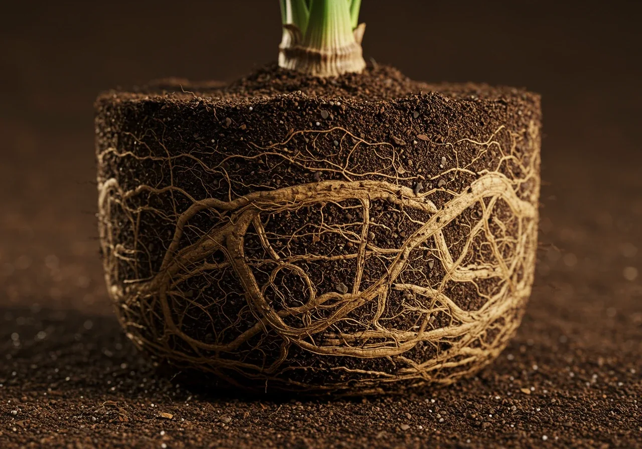 A compelling close-up photograph showing the densely tangled and circling root system of a pot-bound perennial or shrub that has just been removed from its container or carefully excavated. The focus is on the congested, overlapping roots, visually representing the concept of root crowding and competition for space.