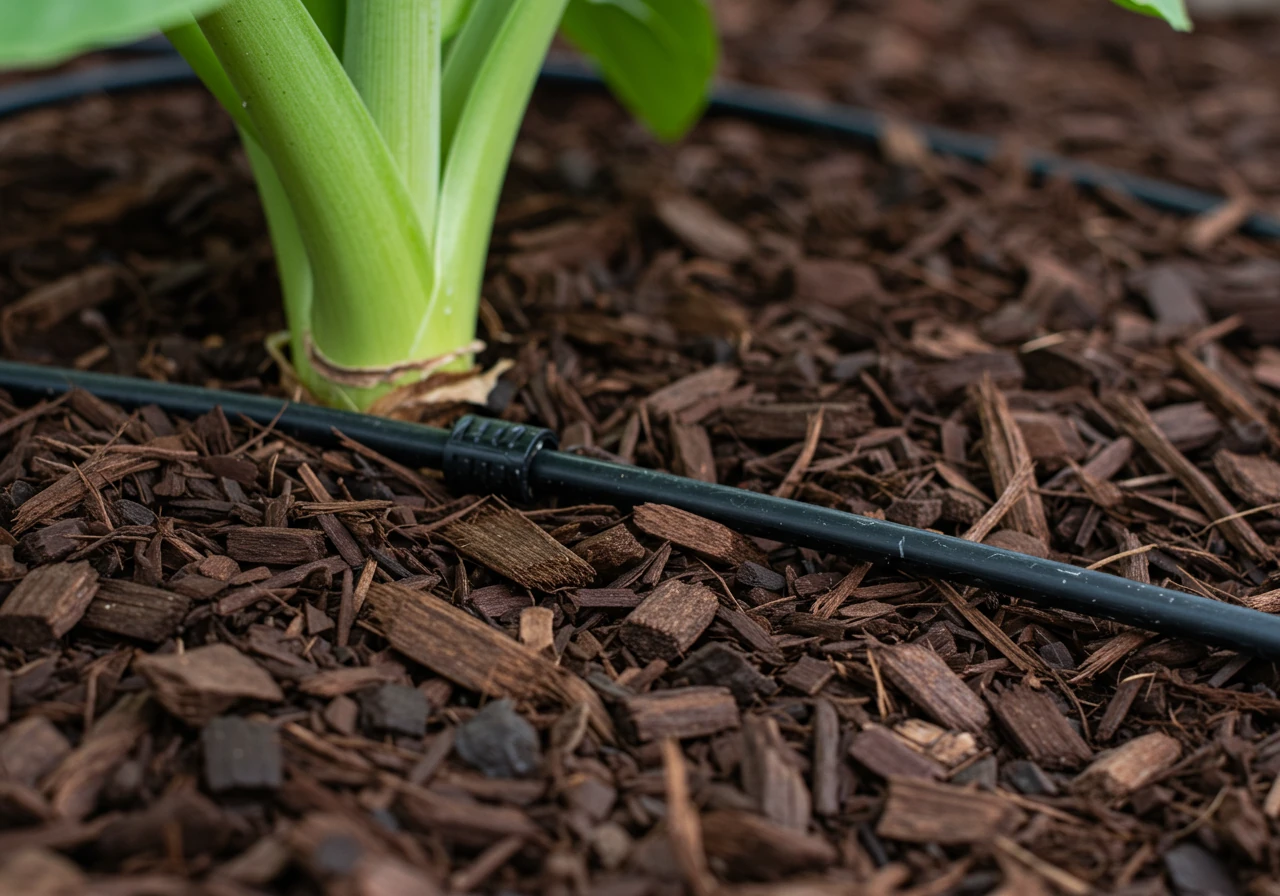 A detailed close-up photograph focusing on a thick layer (2-3 inches) of dark organic wood chip mulch surrounding the base of a healthy garden plant. A segment of black 1/4 inch drip irrigation tubing is partially visible, snaking subtly just beneath or at the surface level of the mulch, with an emitter barely visible near the plant stem. The mulch looks rich and moisture-retentive, highlighting its role in covering the soil.