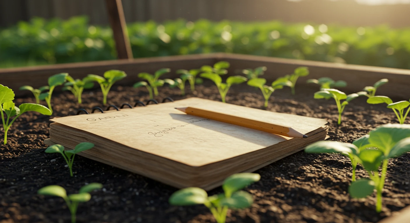 A close-up shot focusing on a weathered but neat garden notebook and pencil resting on the edge of a raised garden bed filled with healthy, thriving vegetable seedlings or young plants. Morning sunlight illuminates the scene, suggesting the start of a gardening day.