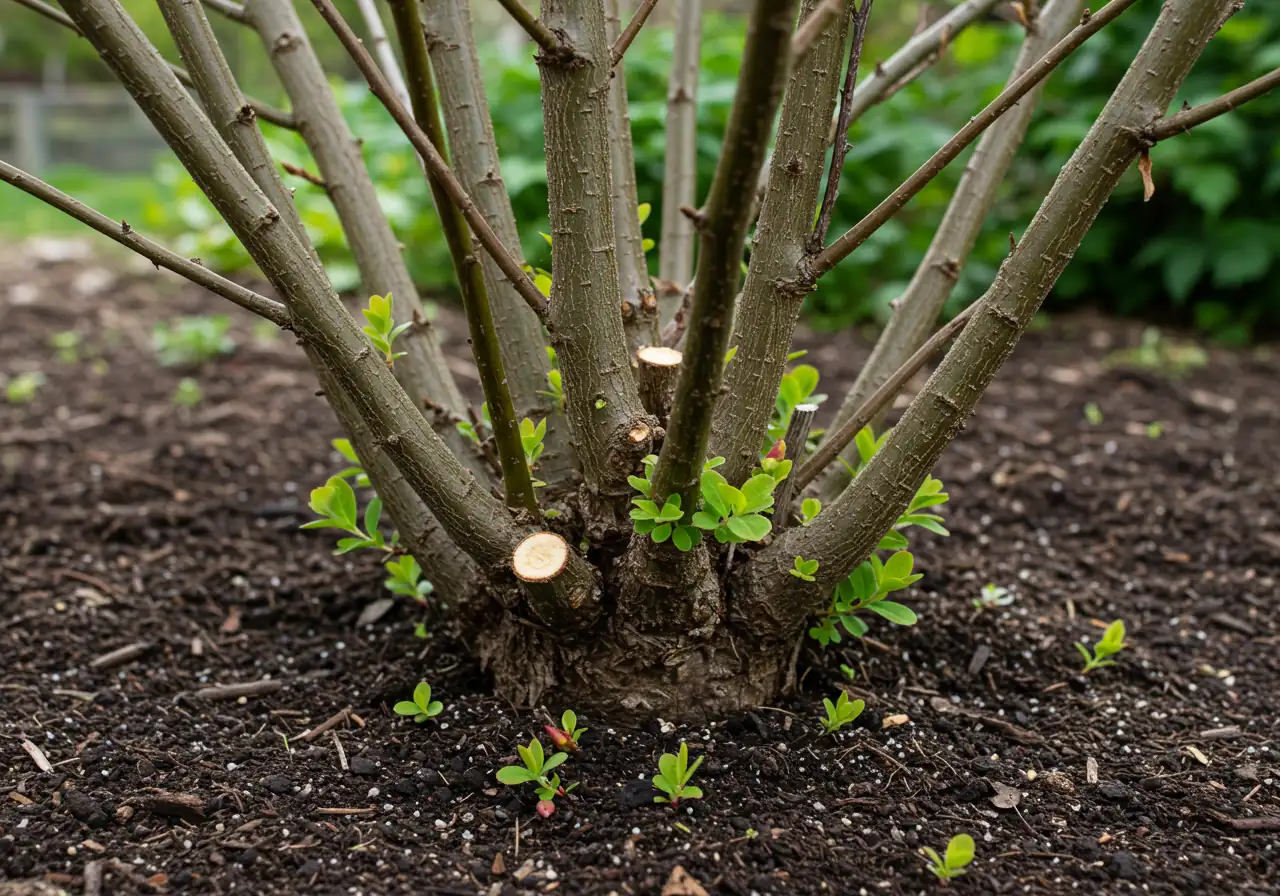 An image demonstrating the 'Gradual Approach' to renovation pruning. It should show the base of a multi-stemmed shrub (like a spirea or potentilla) mid-process. Clearly visible should be several very old, thick stems cut down close to the ground, alongside many remaining older stems and perhaps some vigorous new shoots emerging from the base or near the cuts from a previous year's pruning.