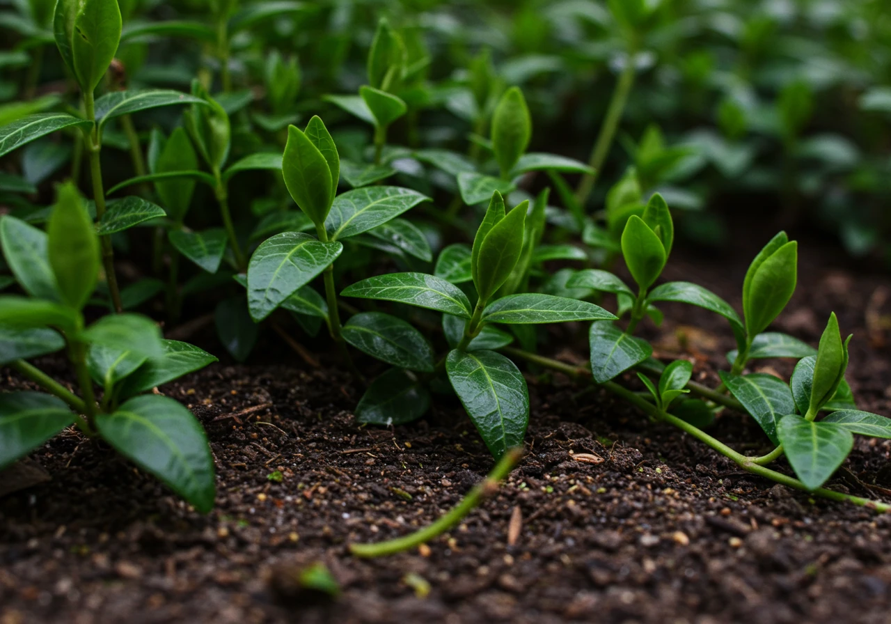 A clear, vibrant close-up photograph focusing on Periwinkle (Vinca minor) groundcover. The image should highlight its glossy, dark green oval leaves and characteristic trailing stems spreading across the soil surface, illustrating its invasive potential.