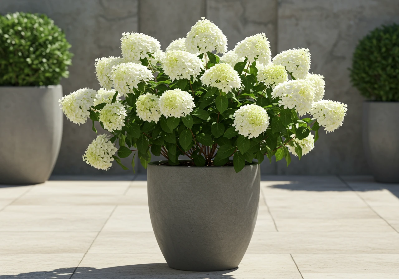 An attractive shot focusing on one of the suggested container shrubs, such as a 'Bobo' Hydrangea covered in blooms, flourishing in a stylish container. The image should show the compact hydrangea in a suitably sized (e.g., 18-20 inch) decorative pot placed on a clean patio surface (e.g., interlocking stone or composite decking), highlighting container gardening possibilities.