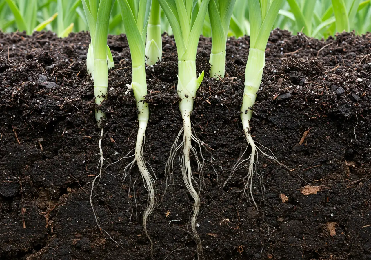 Close-up showing healthy plant roots in dark, well-structured soil.