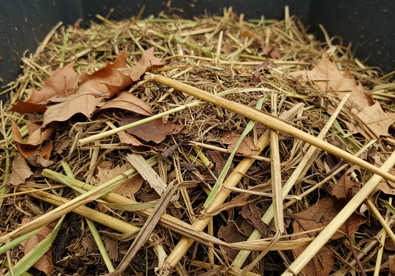 A photograph illustrating the eco-friendly cleanup suggestion. Show dried, chopped ornamental grass stalks mixed with brown autumn leaves within a partially visible compost bin or layered as natural mulch around the base of dormant perennial plants in a garden bed. The image should focus on the texture of the natural materials being repurposed.