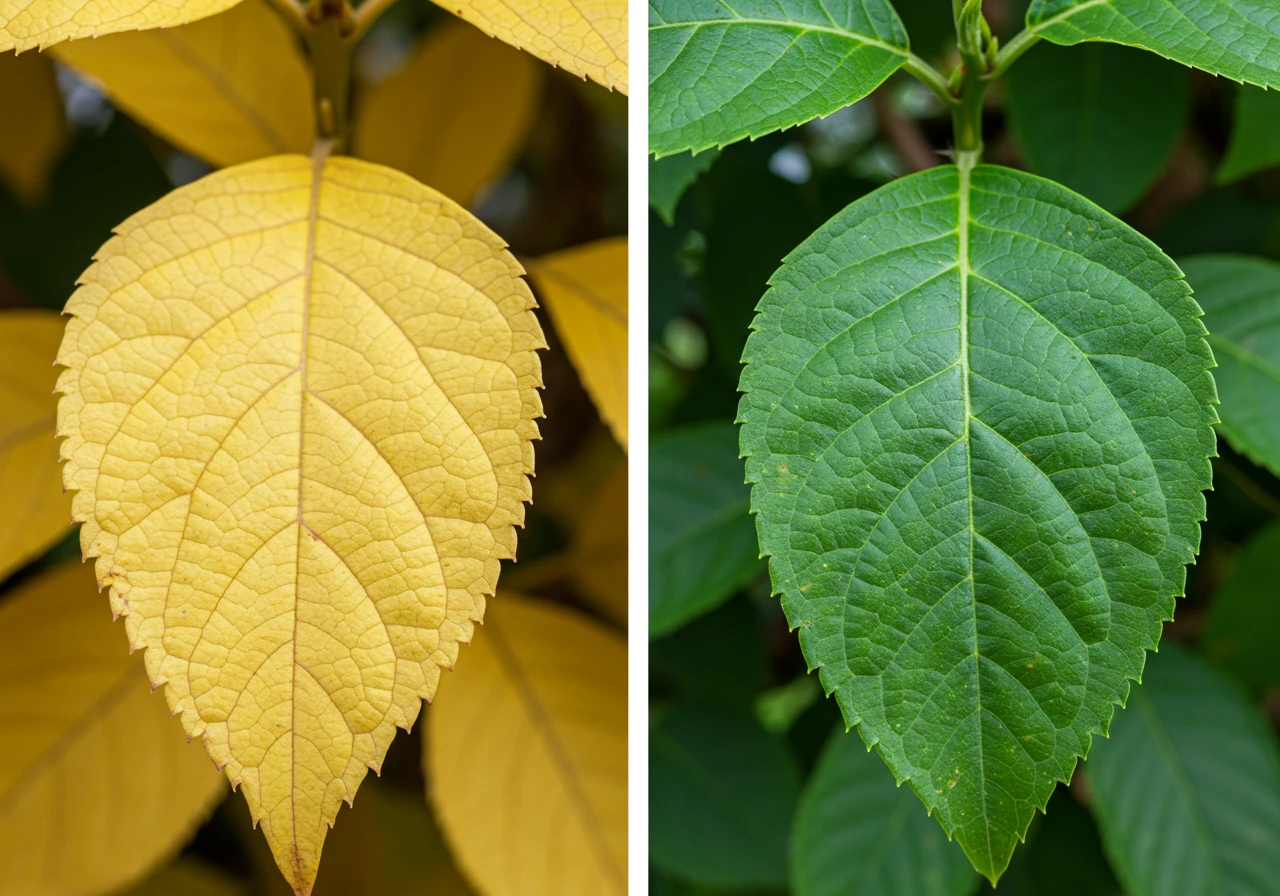A comparison image, perhaps presented as a diptych or two distinct examples within one frame. On one side, show the lower, older leaves of a plant displaying uniform pale yellowing, characteristic of Nitrogen deficiency, with overall stunted appearance implied. On the other side, show the upper, newer leaves of a plant displaying striking interveinal chlorosis (yellow between green veins), characteristic of Iron deficiency. Both examples should be clear close-ups focusing solely on the leaves and their specific yellowing patterns.