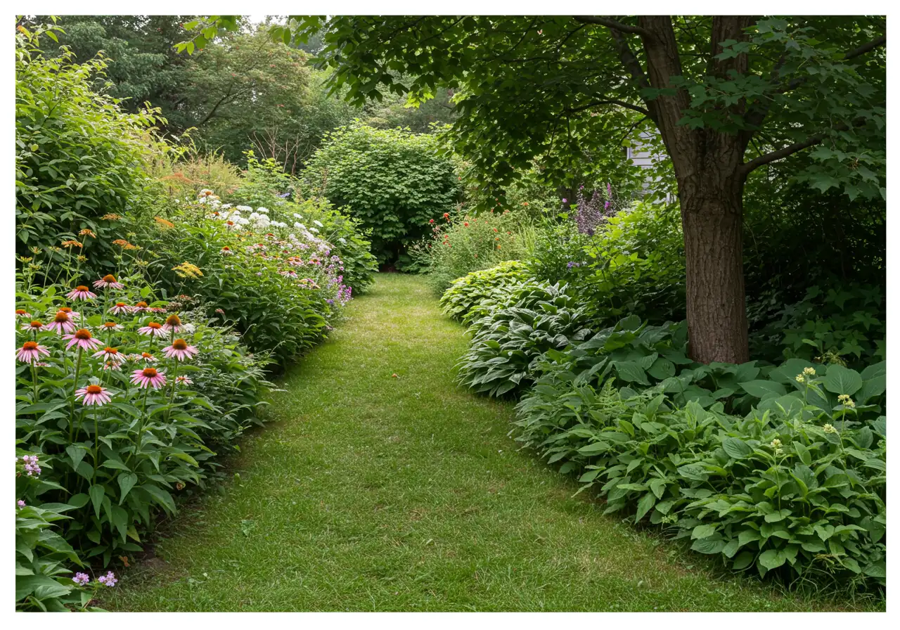 A split-view or composite image showcasing different light conditions within the same garden landscape. One side depicts a section in bright, direct 'Full Sun' with sun-loving flowers like coneflowers thriving. The other side shows a 'Full Shade' area under a large deciduous tree, featuring lush shade plants like ferns and hostas. The transition between light and shadow should be clear.