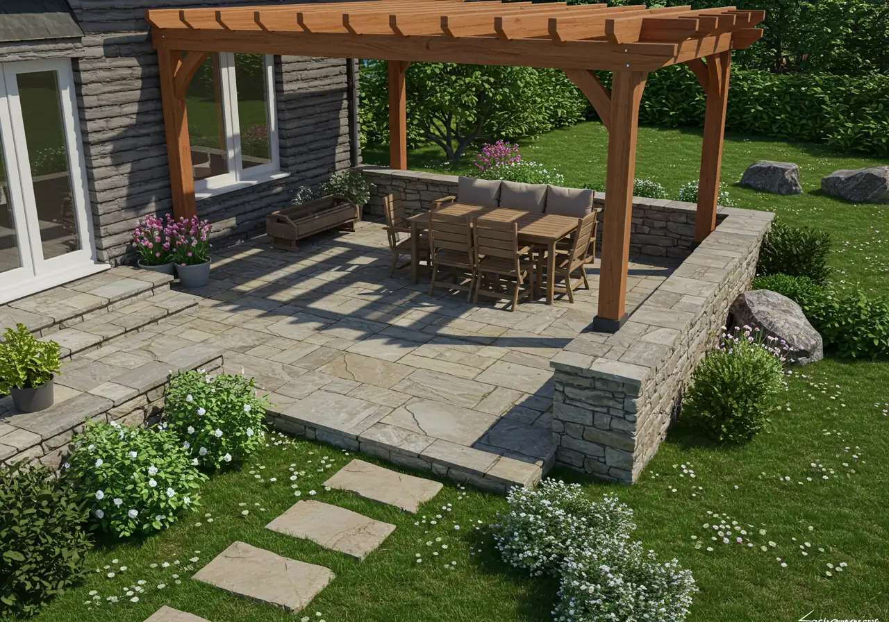 A different style of 3D landscape render, perhaps focusing closely on a specific designed element like an outdoor kitchen area on a patio, or a detailed view of a planned water feature integrated into a garden. This highlights the ability to visualize specific components and material textures (e.g., stonework, wood, water) within the 3D plan.