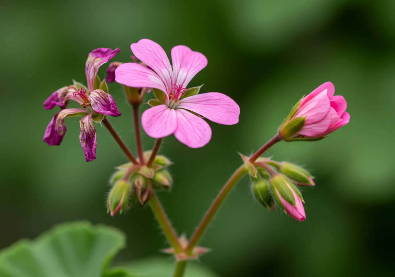 A clear, close-up comparison shot on a single plant stem (like a Geranium or Daylily). It should distinctly show a faded, spent flower head alongside a fresh, vibrant bloom or developing bud nearby on the same stem, illustrating the target for removal.