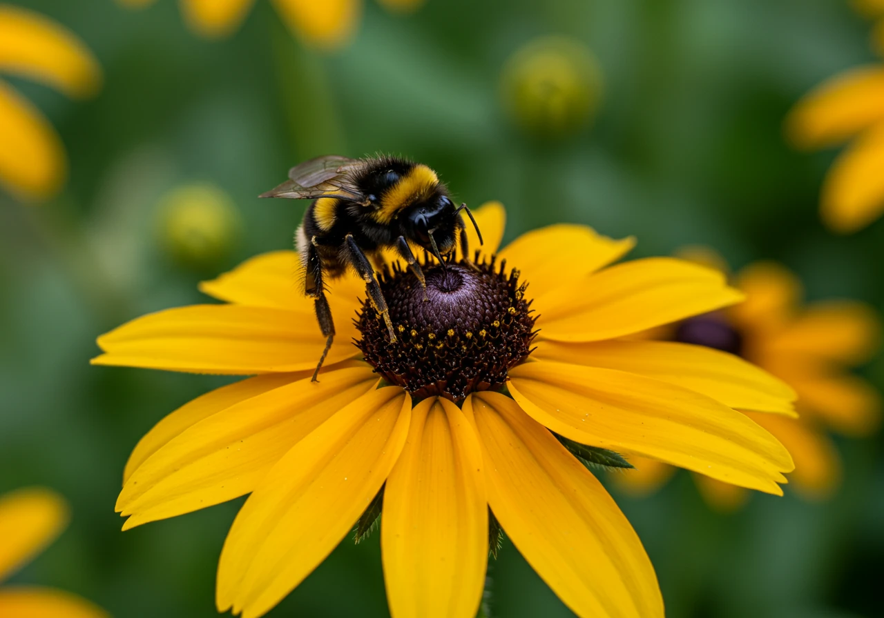 A detailed close-up photograph capturing a native Ontario pollinator, such as a bumblebee or Monarch butterfly, actively visiting a native wildflower like Common Milkweed (Asclepias syriaca) or Black-eyed Susan (Rudbeckia hirta) in full bloom. The image should highlight the interaction between the insect and the flower in a sunlit garden setting. The background is softly blurred green foliage, emphasizing biodiversity. Focus on sharp details of the insect and flower.