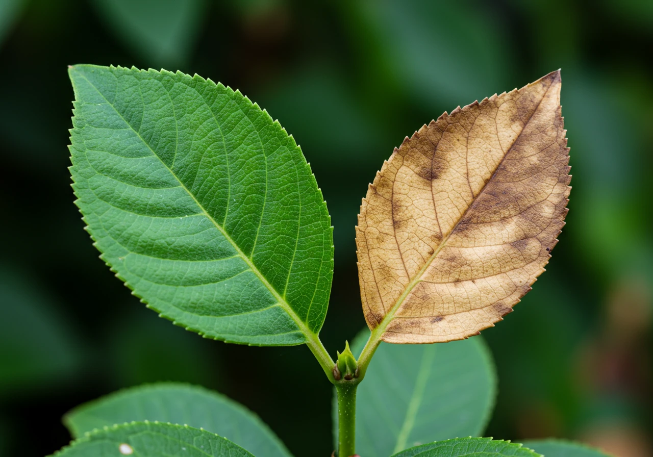 A detailed close-up photograph showing two adjacent leaves on the same plant stem. One leaf is a healthy, vibrant green, while the other exhibits distinct brown, crispy edges, clearly illustrating common signs of plant stress (like underwatering) that would be noticed during a garden scan.