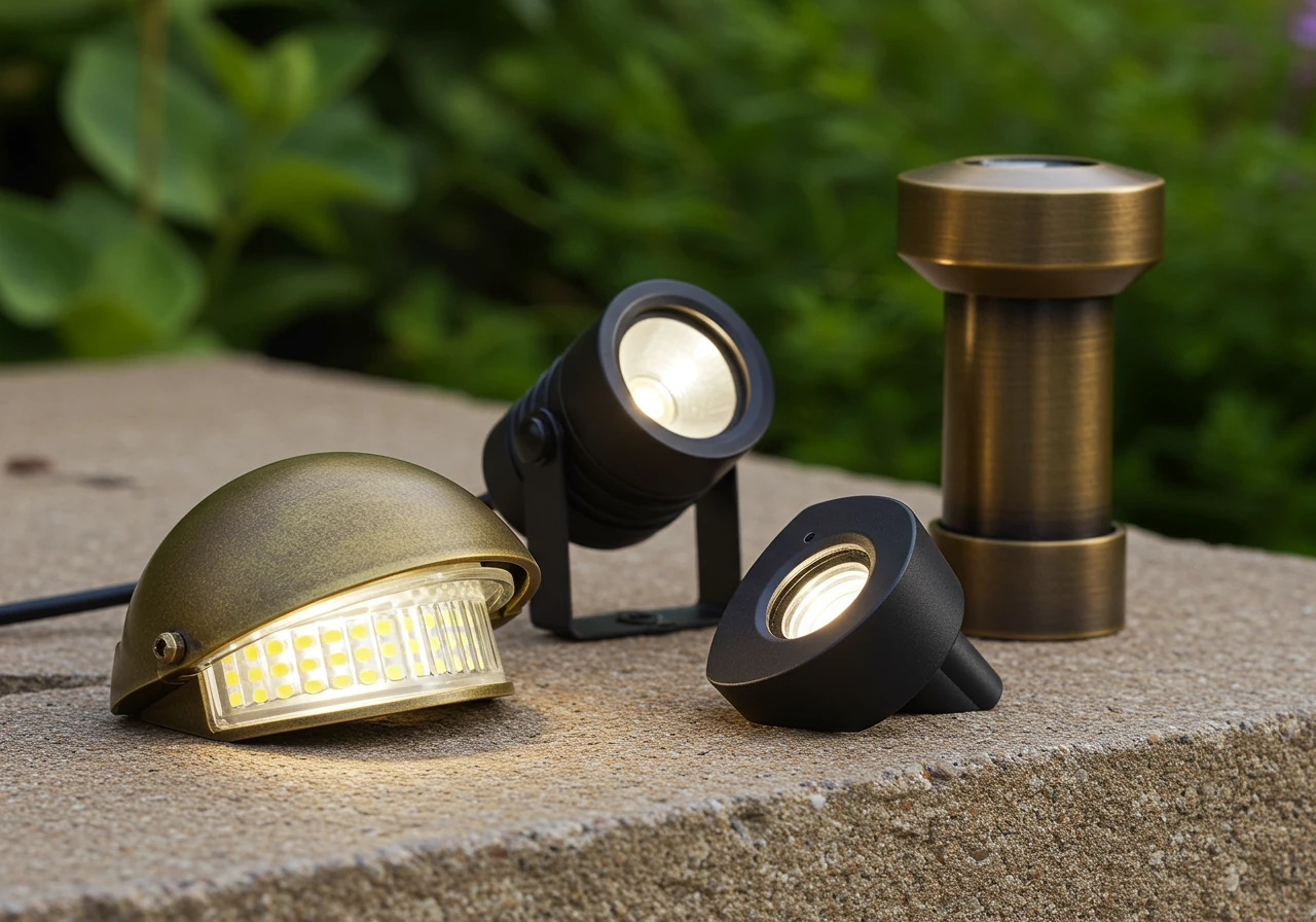 A detailed photograph showcasing a small selection of high-quality, durable LED landscape lighting fixtures. Include examples like a sturdy brass path light head, a compact powder-coated aluminum spotlight, and perhaps an in-ground well light, arranged aesthetically on a natural surface like flagstone or wood. This visually reinforces the text's emphasis on LED technology and durable materials suitable for the Ottawa climate.