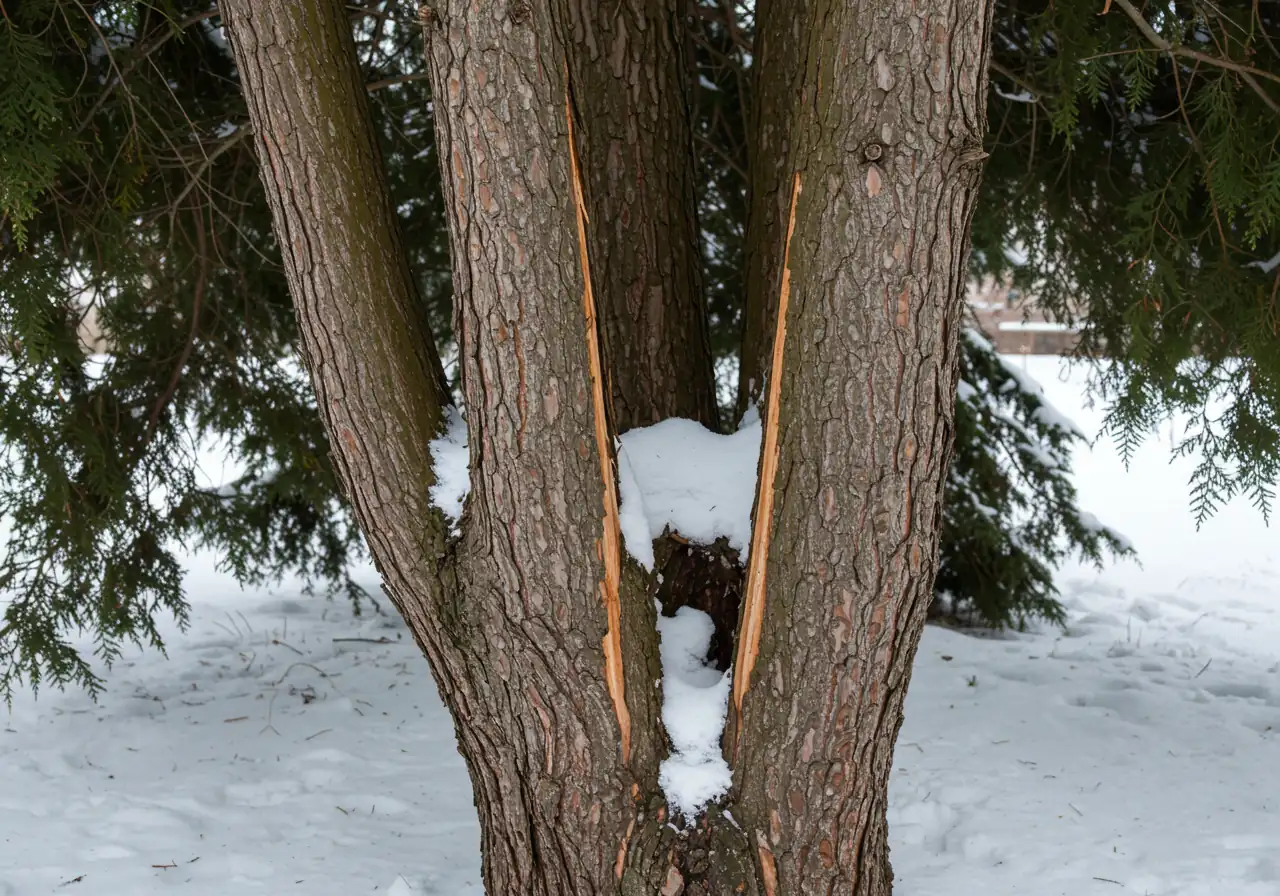 An image showing the potential damage mentioned: a close-up view of a multi-stemmed upright evergreen (like a pyramid cedar/arborvitae) where the central stems have been forced apart by accumulated snow, resulting in a visible vertical split or crack near the base of the trunk. Snow should still be visible packed into the damaged area to emphasize the cause.