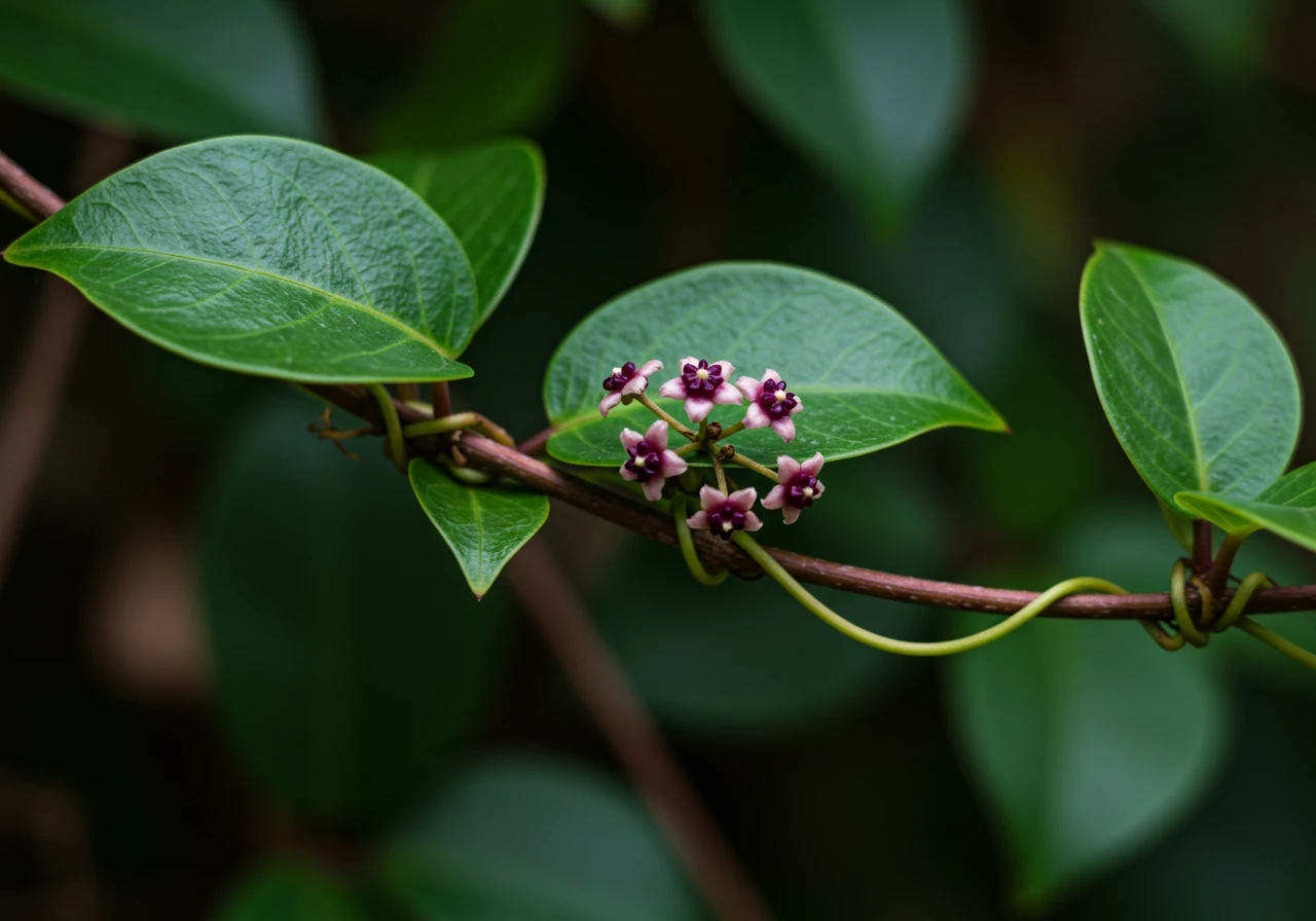 A detailed close-up photograph showcasing the key identification features of Dog-Strangling Vine. Clearly visible should be a pair of opposite, oval, glossy green leaves with pointed tips and smooth edges, twining around another plant stem or fence wire. Include a small cluster of the characteristic star-shaped, dark purple/maroon flowers. Soft, natural background emphasizing the leaves and flowers.