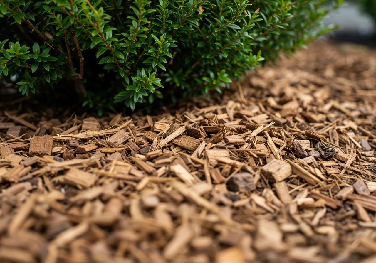 A close-up, detailed photograph illustrating the benefit of reusing cleared material. Show fresh, natural wood chip mulch spread generously and neatly around the base of a healthy, established shrub or small tree in a garden bed, suppressing weeds and retaining moisture.