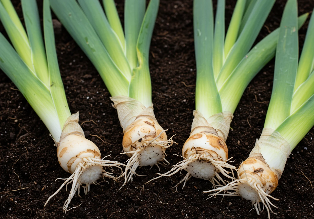 A detailed close-up shot focusing on several healthy, divided bearded iris rhizomes lying on a patch of dark garden soil or burlap. Each division clearly shows a firm, pale rhizome section, healthy white roots extending downwards, and one or two 'fans' of green leaves trimmed to about 4-6 inches long. No hands are visible.