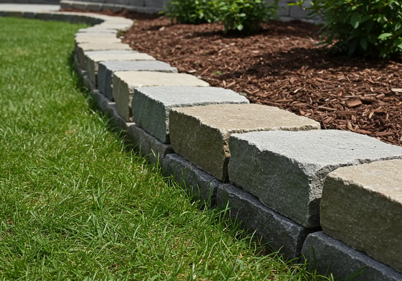 A close-up, detailed view of professionally installed stone or paver edging. This highlights one of the durable, high-end material options discussed and shows the texture and quality finish possible.