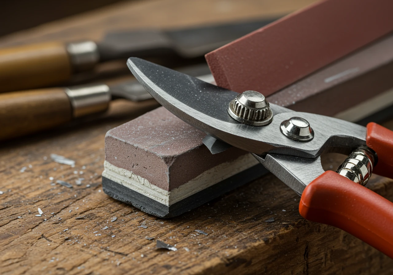 A close-up focusing on tool maintenance. The image shows a hand file or whetstone carefully sharpening the blade of a pair of secateurs or loppers. Focus is on the clean, sharp edge being restored. Could show small metal filings. Tools might be resting on a worn wooden workbench surface or tailgate.