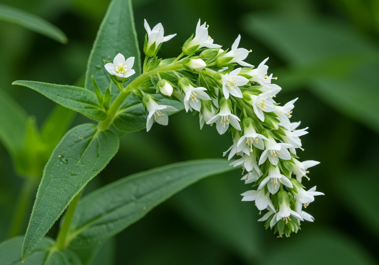 A clear, detailed close-up photograph showcasing the distinctive arching white flower spike of Gooseneck Loosestrife (*Lysimachia clethroides*). The image should highlight the individual small, star-shaped white flowers and the characteristic 'gooseneck' bend of the spike, with some typical green lance-shaped leaves visible in the background.