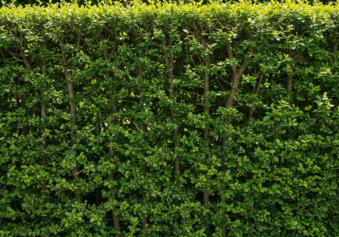 A detailed close-up shot of a section of a perfectly maintained, mature pleached screen after summer pruning. The image should showcase the sharp, flat plane of the interwoven canopy, with neat edges and dense foliage. Highlight the healthy leaves and the precision of the pruning, emphasizing the neat, architectural quality achieved through regular maintenance.