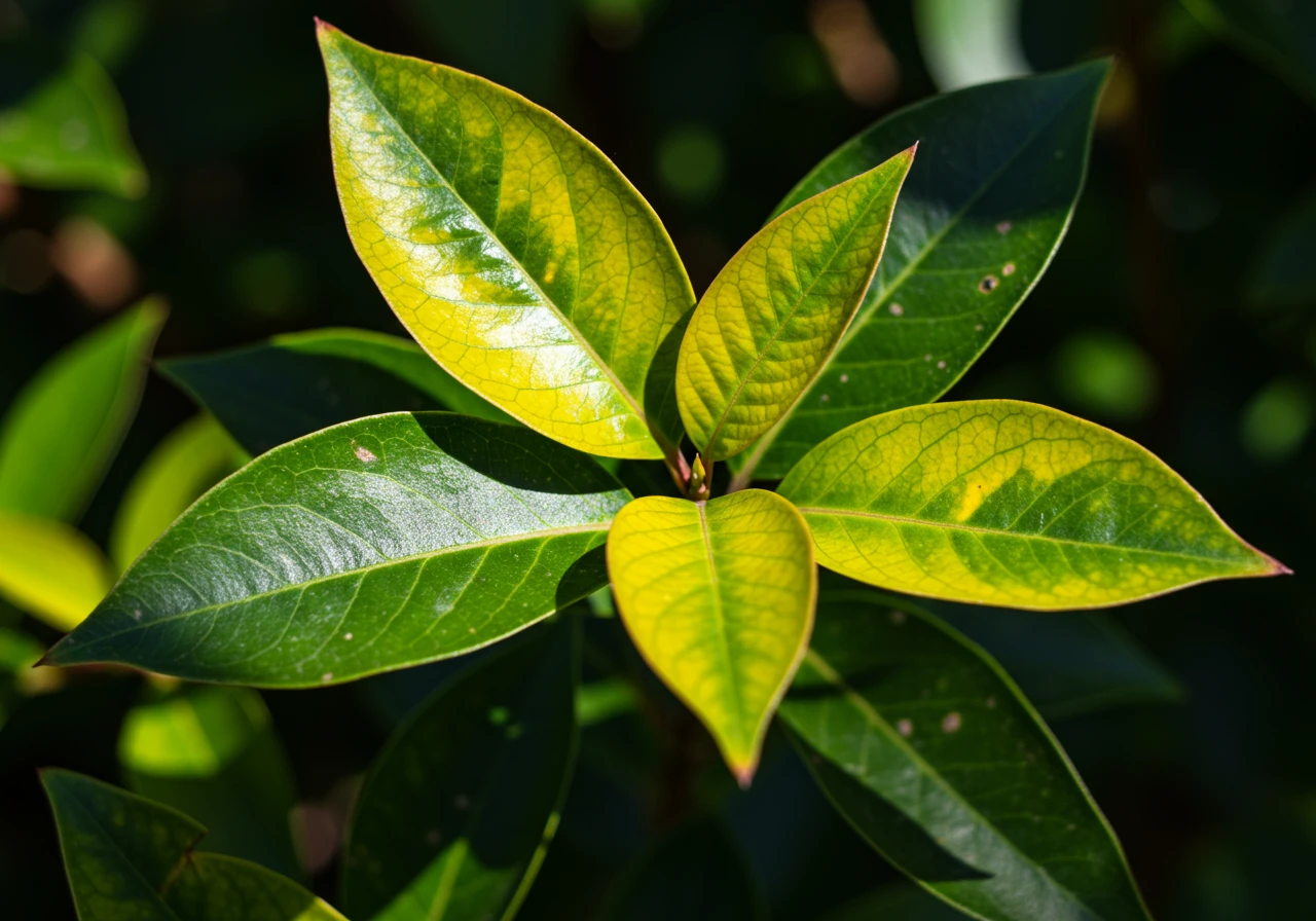 A vibrant, clear close-up image focusing on the leaves of a garden plant (like a hydrangea or rose bush) exhibiting classic signs of iron chlorosis. Show distinct yellowing between the dark green veins of several leaves, illustrating a common symptom of nutrient lockout in alkaline clay soil.