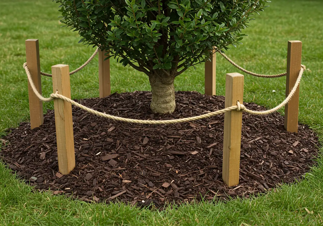 Close-up demonstrating robust protection around the base of a mature shrub. Sturdy wooden stakes surround the shrub, connected by visible rope, and the entire area within the stakes (extending well beyond the shrub's base) is covered with a very thick layer (4-6 inches) of dark wood chip mulch.
