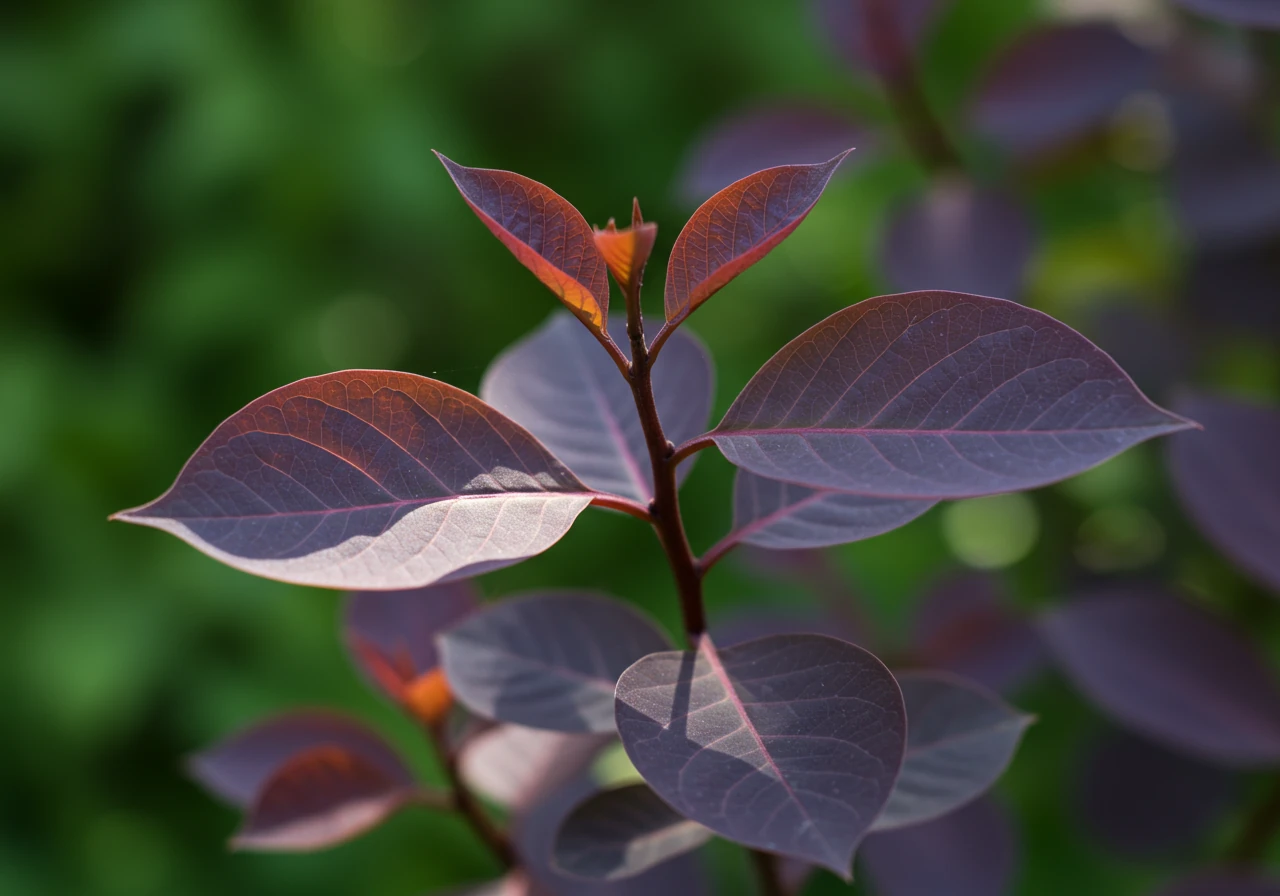 An image illustrating the foliage benefit of coppicing, focusing on the Smokebush example. This close-up shot highlights the large, richly coloured, deep-purple leaves produced on the new growth after coppicing a 'Royal Purple' Smokebush.
