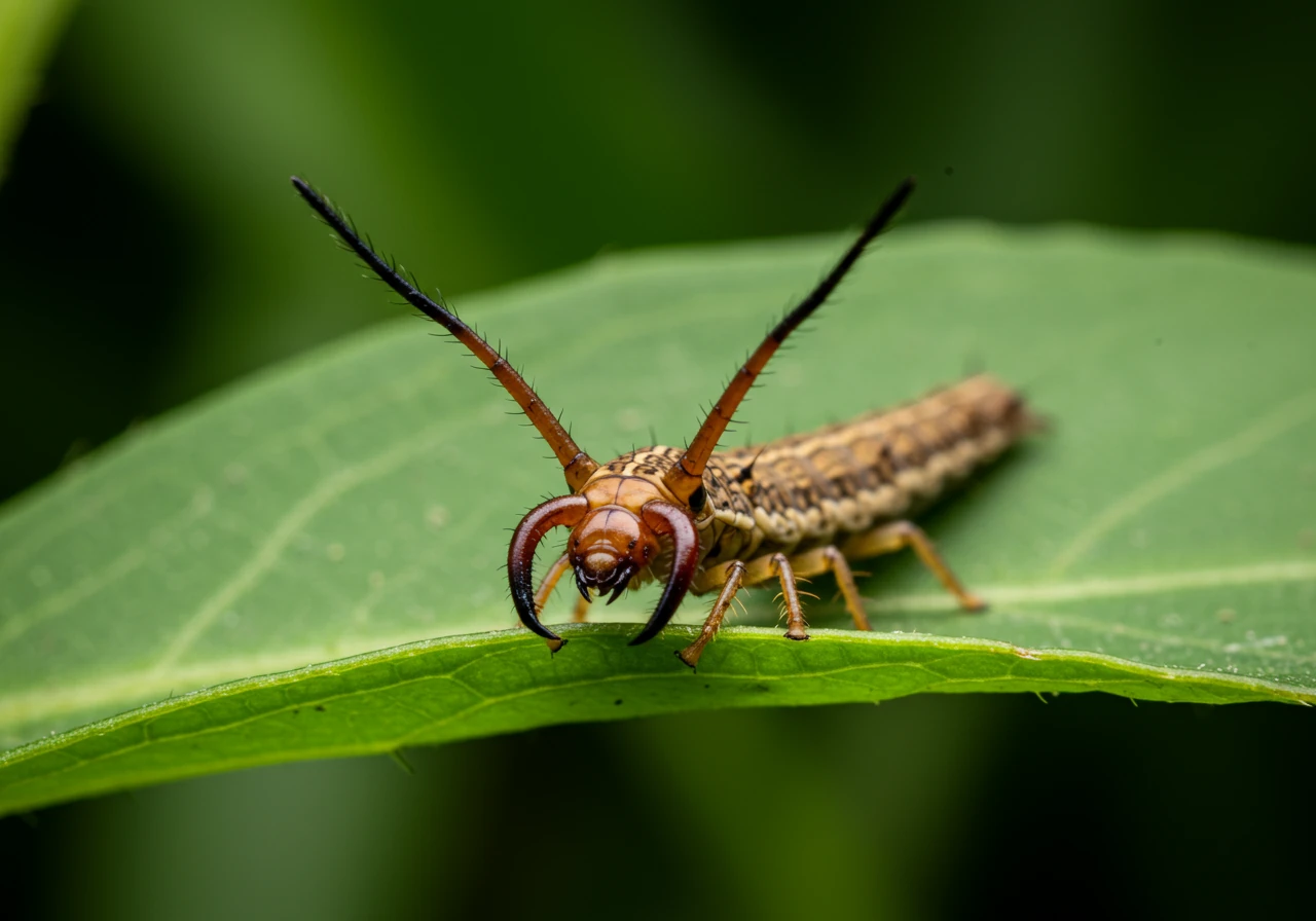 A detailed macro photograph focusing on a lacewing larva, often described as an 'aphid lion'. The image should clearly show its elongated, segmented brownish body, perhaps with subtle markings, and its prominent, sickle-shaped jaws. It should be depicted crawling on a textured green leaf, emphasizing its alligator-like or dragon-like appearance as mentioned in the text.