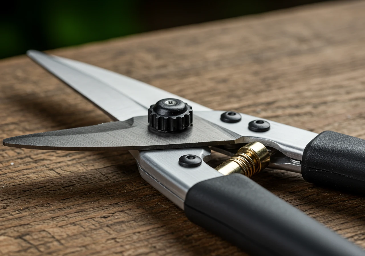 A detailed close-up photograph showcasing the key ergonomic features on a modern pair of bypass loppers resting on a natural wood surface. Clearly visible should be the cushioned, contoured handles, the geared mechanism near the pivot point, and the shock-absorbing bumpers where the handles meet. Focus on the materials and design aspects discussed.