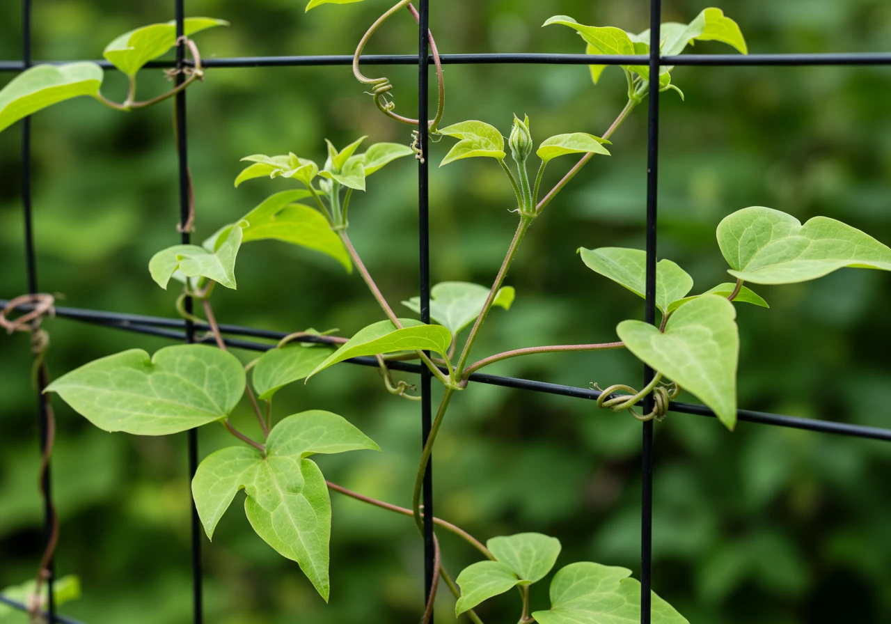 A clear photograph illustrating how a Clematis vine uses its leaf stems (petioles) to wrap around and climb a suitable support structure, like thin wires, netting, or a trellis rung. This clarifies the 'Give Me Support' point.