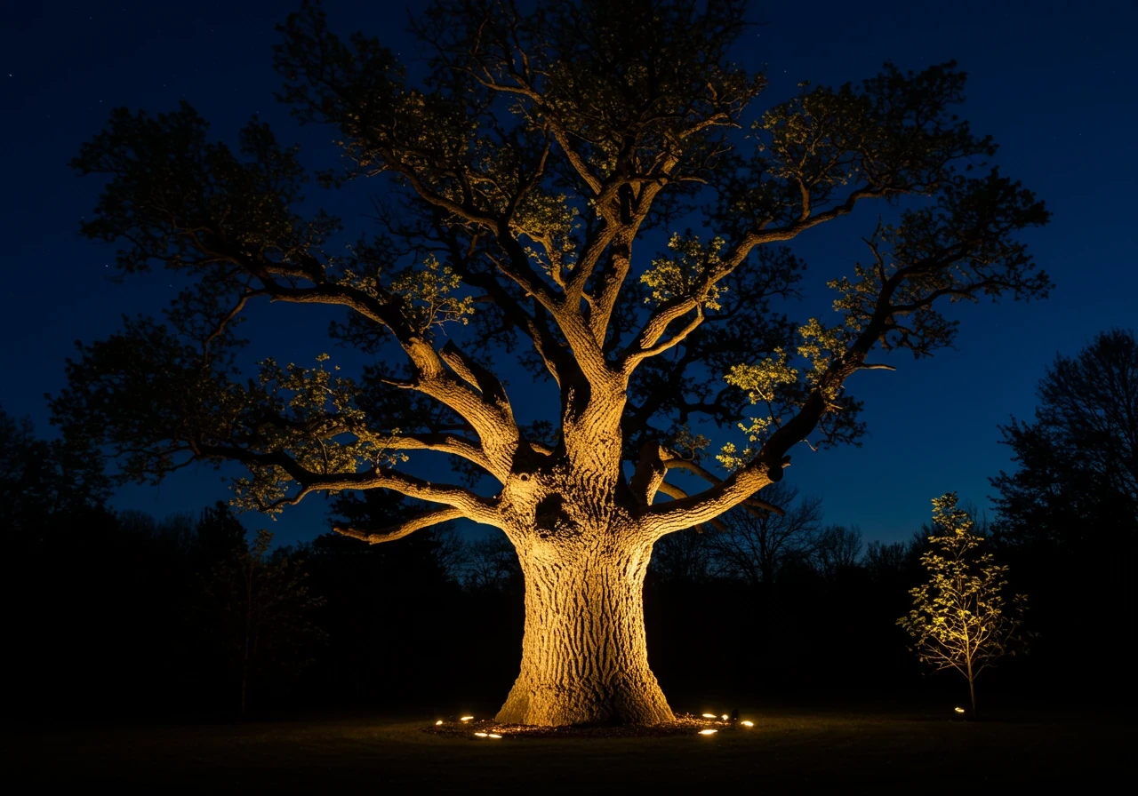 A dramatic nighttime shot focusing on a large, mature deciduous tree (like a maple or oak) in a garden setting. Two well-hidden spotlights or well lights at its base aim upwards, casting light through the branches, highlighting the trunk's texture and the intricate silhouette of the canopy against the dark night sky. Creates a strong focal point.