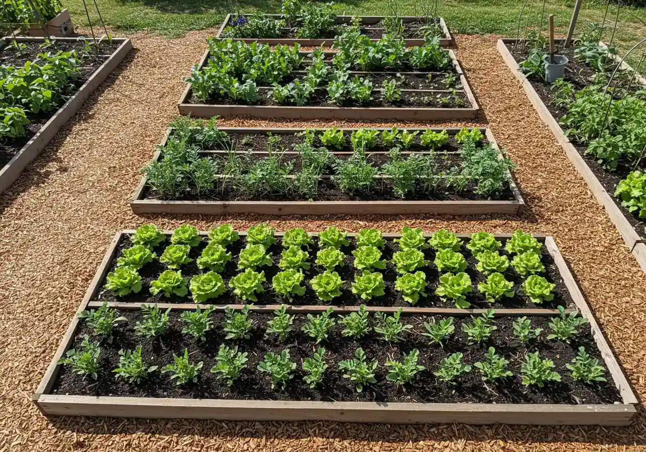 An elevated angle shot capturing a neatly organized and flourishing rectangular vegetable garden bed. Shows distinct rows of various healthy plants (e.g., lettuce, carrots, bush beans) indicating successful planning and crop rotation. The soil is dark and rich-looking, perhaps with some mulch visible.