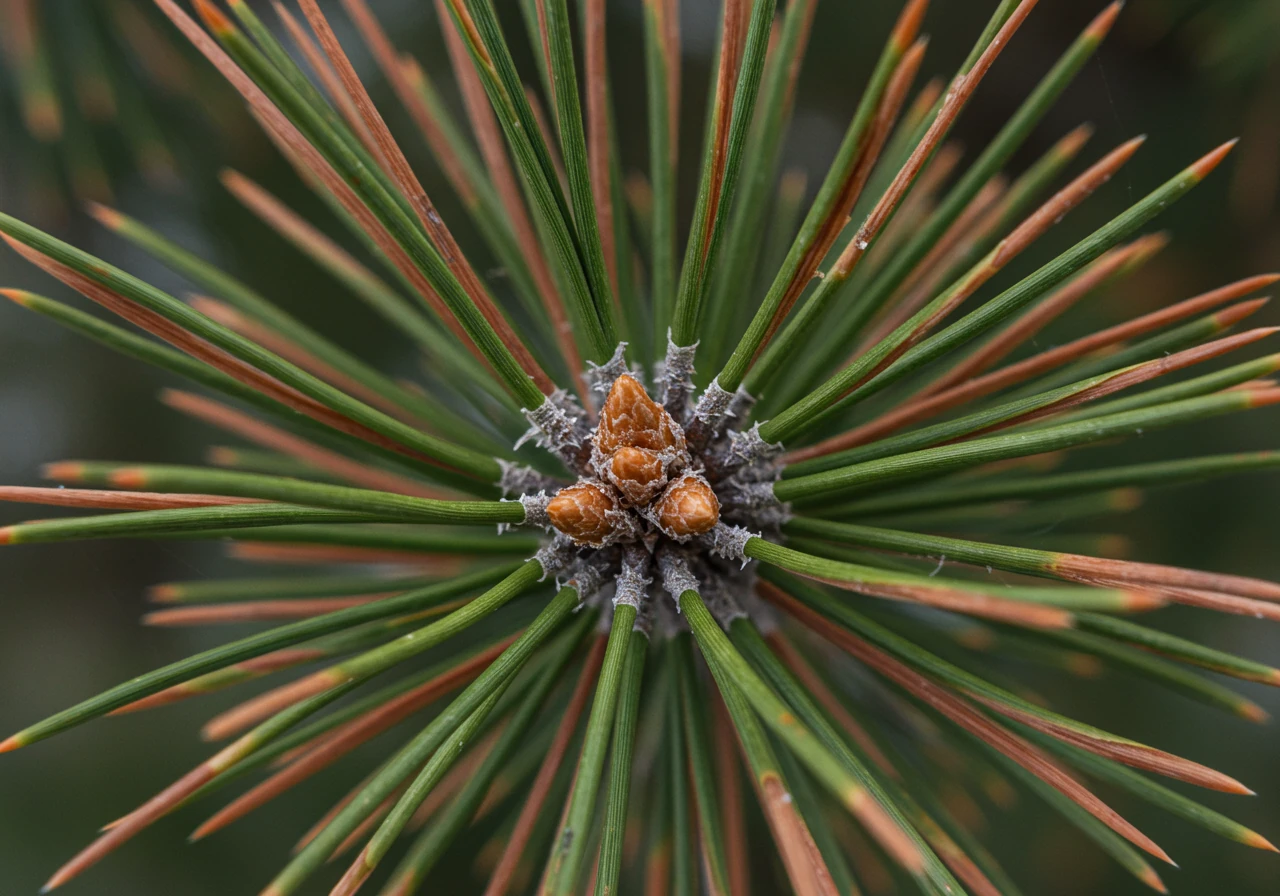 An extreme close-up macro shot focusing on the needles of an evergreen plant (like a pine or cedar) exhibiting clear signs of winter burn. The tips of several needles are visibly brown, dry, and brittle, contrasting sharply with the healthier green sections closer to the stem. The background is softly blurred to draw attention to the texture and colour difference caused by windburn and dehydration.