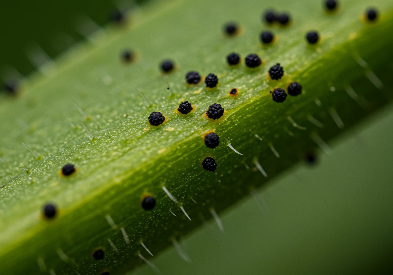 An extreme close-up image focusing on a single plant leaf exhibiting very early signs of fungal infection. Show subtle, tiny black or brown specks scattered sparsely on the otherwise green leaf surface. Include a slight, barely perceptible yellowing halo around one or two of the specks to indicate the initial plant stress response. The lighting should highlight the texture and subtle imperfections.