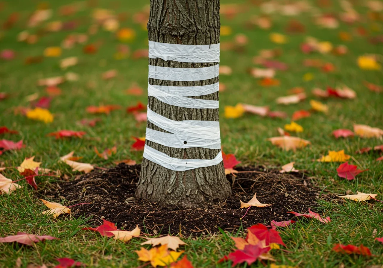 A clear, eye-level view focusing on the base of a young, thin-barked deciduous tree (like a maple). The lower part of the trunk is neatly wrapped with a white or light-colored commercial tree wrap, starting from the ground level and extending upwards a couple of feet. Fallen autumn leaves are scattered on the ground around the base.