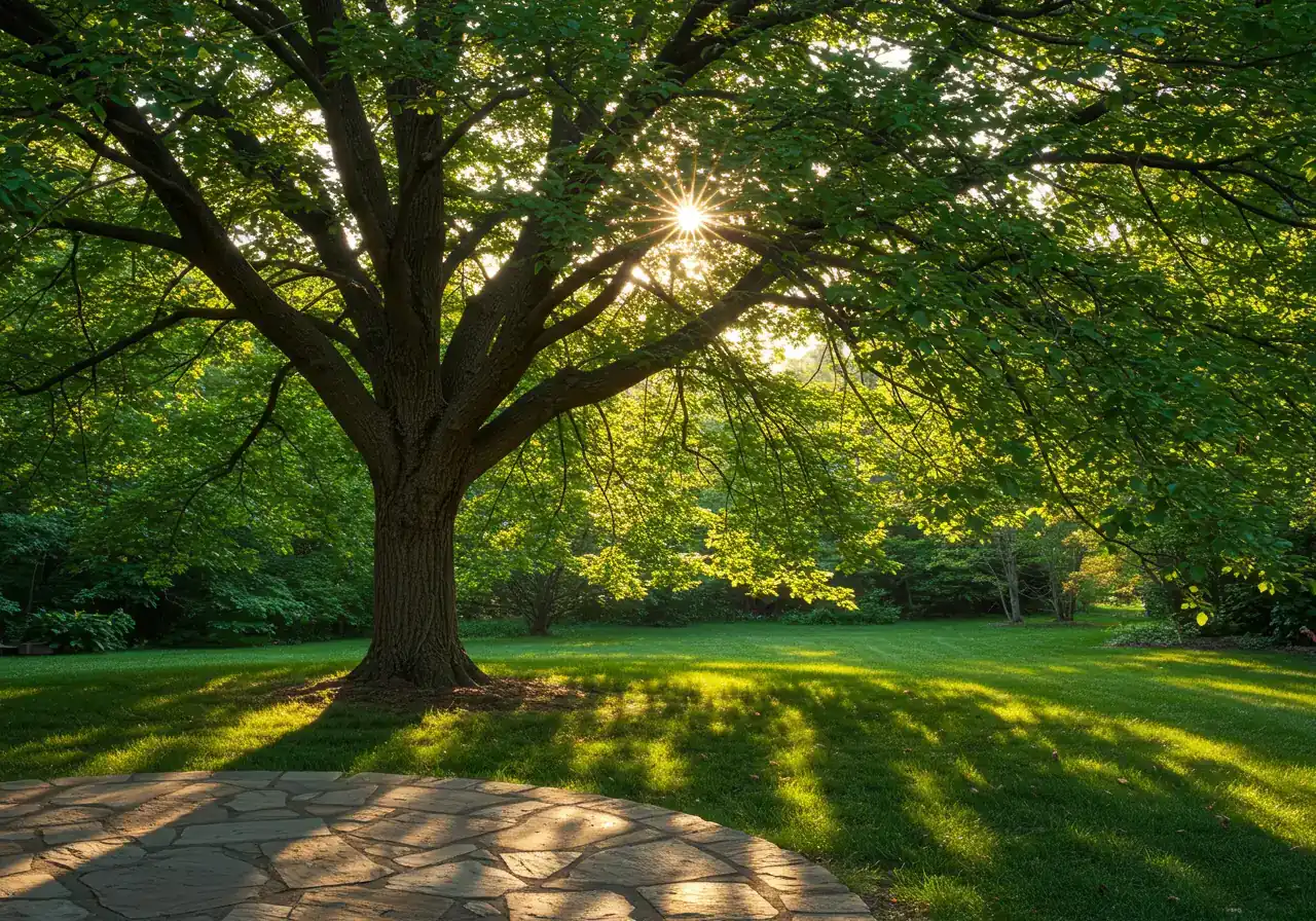 An eye-level shot focusing on a medium-sized, healthy deciduous shade tree (like a Maple or Oak) strategically planted near a patio area. The image should emphasize the dense summer foliage casting a significant, cooling shadow over patio pavers and nearby lawn during a sunny afternoon.
