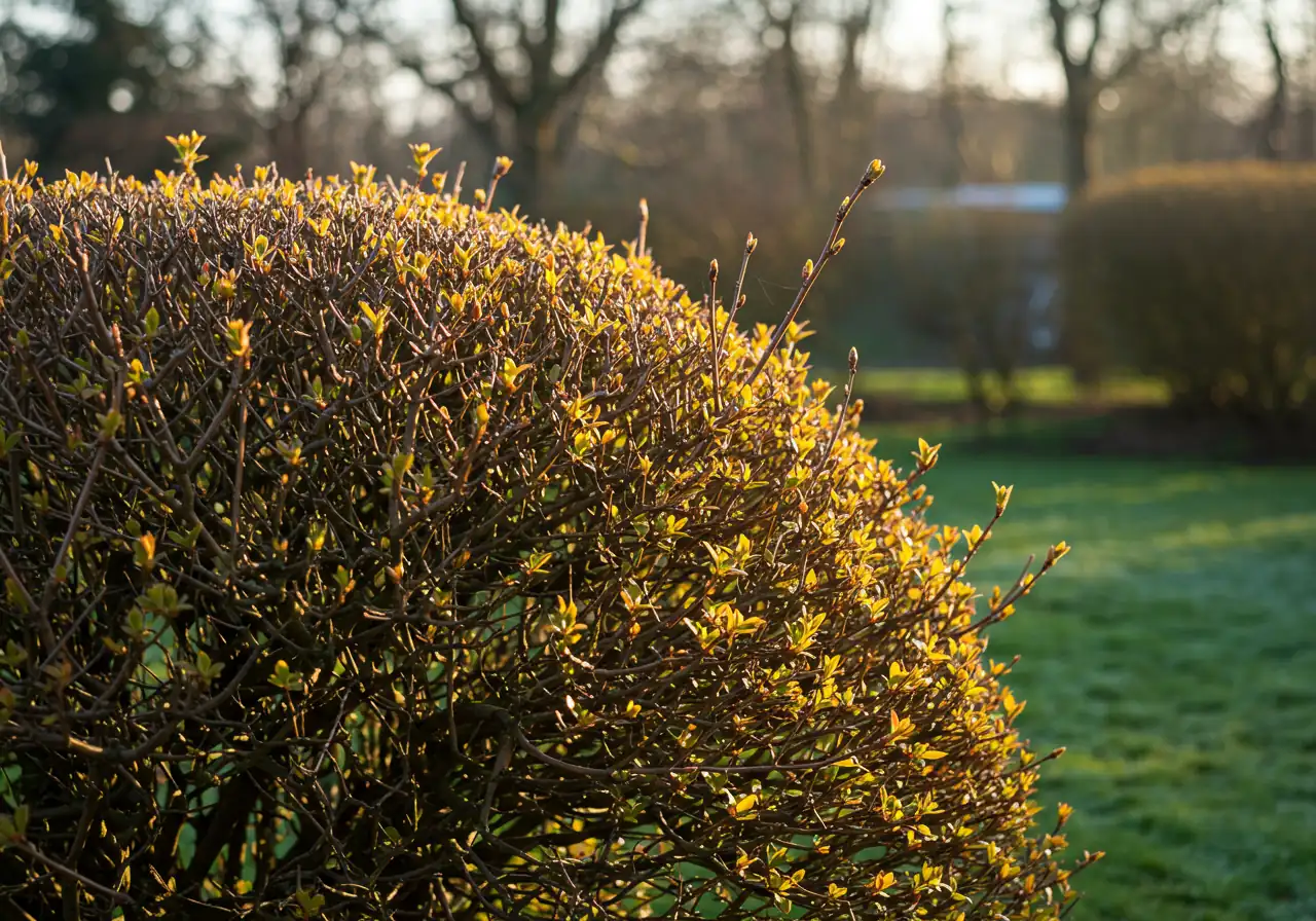 An eye-level photograph capturing the positive outcome of proper fall pruning. It shows a healthy, structurally sound, well-shaped deciduous shrub thriving in the vibrant green landscape of early spring. The shrub exhibits strong, undamaged branches, perhaps with newly emerging buds or small leaves, symbolizing resilience after winter. The surrounding garden bed is tidy.