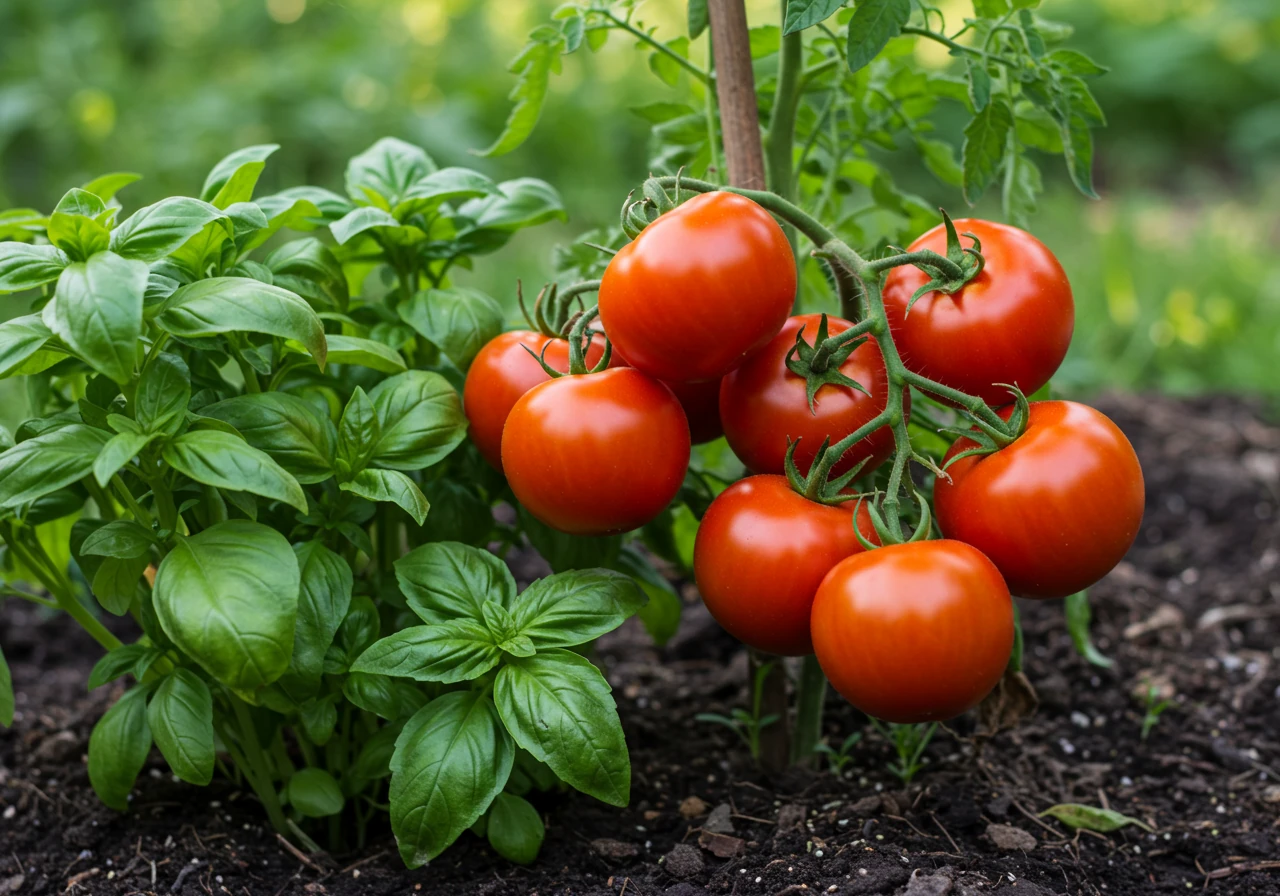 An eye-level shot illustrating the classic tomato and basil pairing. Show healthy, ripening red tomatoes on the vine growing closely alongside robust, leafy green basil plants in a garden bed or container. The image should convey synergy and health, bathed in warm, natural sunlight.