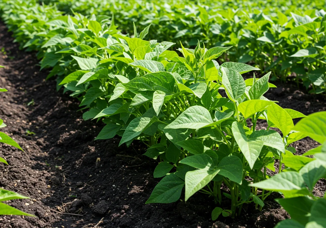 A vibrant, healthy row of young vegetable plants (like green beans or lettuce) thriving in rich, dark garden soil. The plants look pest-free and vigorous, symbolizing the positive outcome of proactive pest management planned using a fall log.