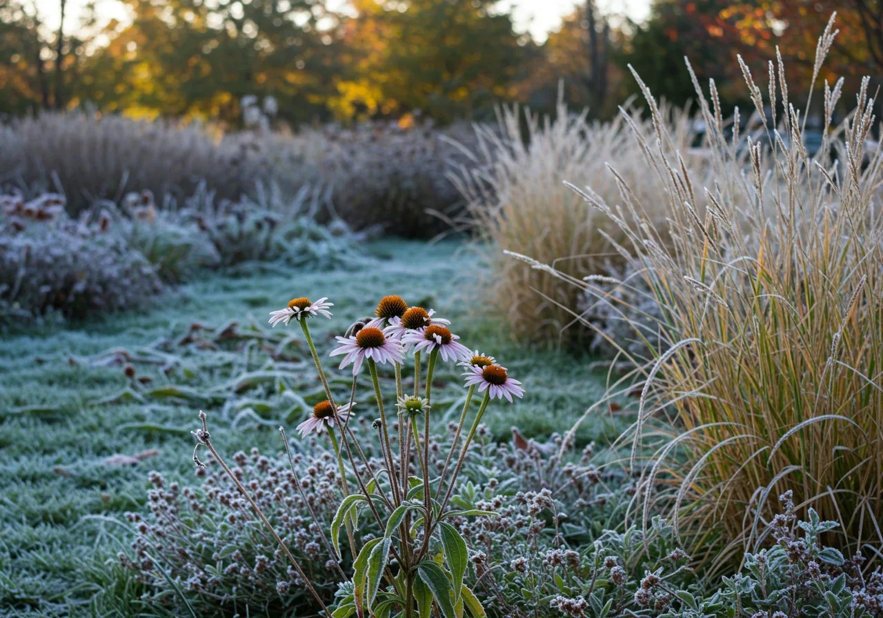 An image demonstrating selective perennial cutback. Shows a fall garden bed where some sturdy perennial stems and seed heads (like coneflowers or ornamental grasses) are left standing for winter interest/wildlife, while other plants nearby have been cut back close to the ground.