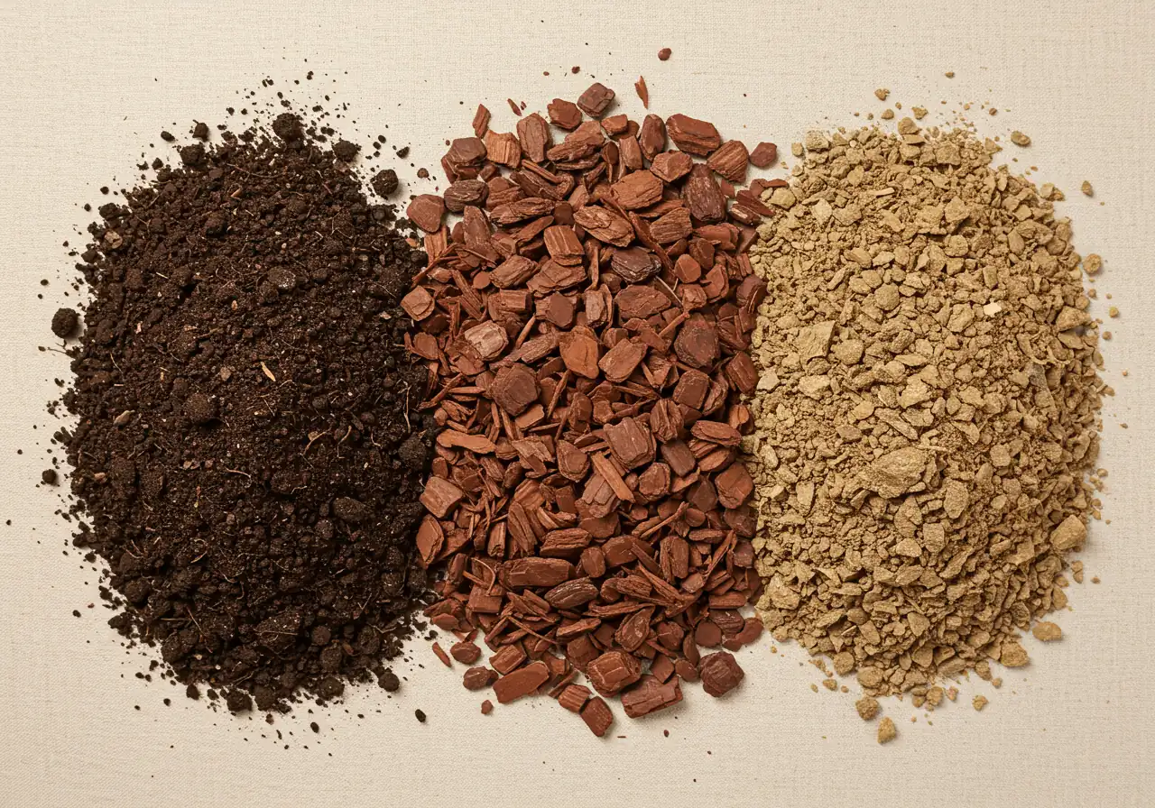 A side-by-side flat lay composition showcasing the distinct textures of three different organic mulches: dark, rich compost; medium-brown shredded hardwood bark; and lighter brown, flaky leaf mould. Each pile should be distinct and clearly show its texture.